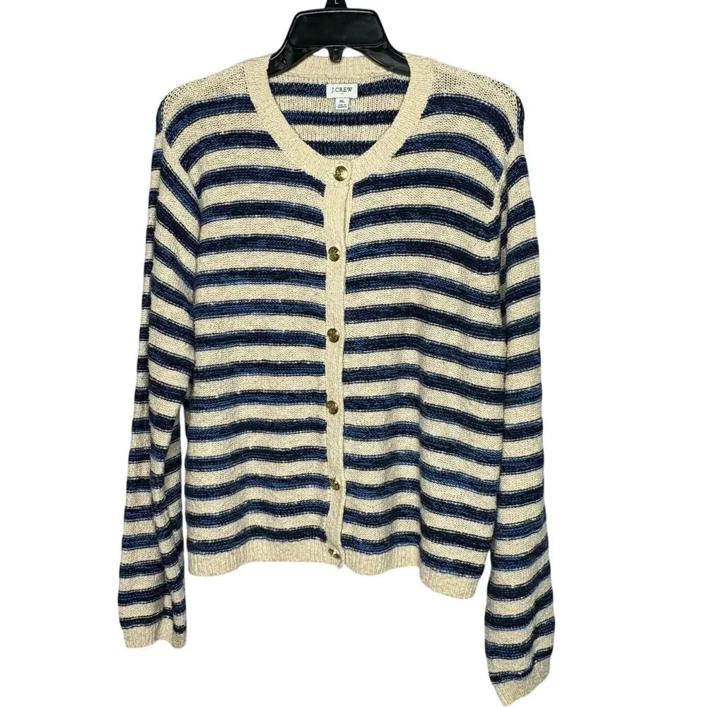 J. Crew Blue & Cream Striped Preppy Cotton Blend Quiet Luxury Cardigan Size XL